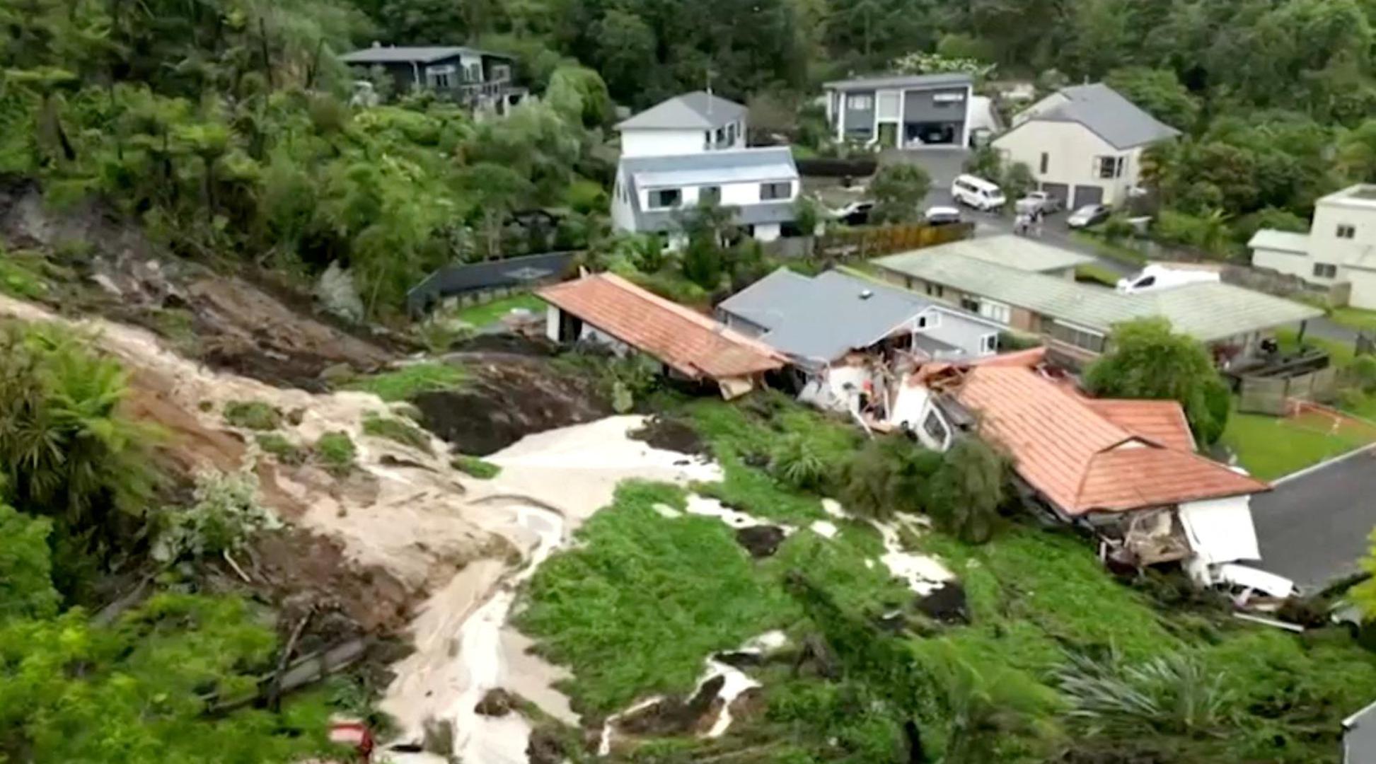 FILE PHOTO: General view of the area where a landslide occurred due to flooding, in Auckland, New Zealand, January 30, 2023 in this screen grab obtained from video. Newshub/via Reuters TV/Handout via REUTERS/File Photo Photo: NEWSHUB/REUTERS