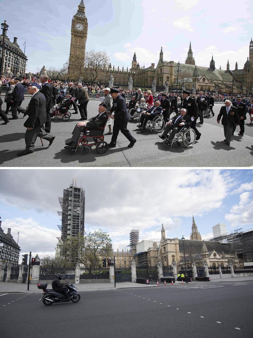 VE Day 75th Anniversary File photo dated 10/05/15 showing veterans taking part in the VE Day Parade to mark the 70th anniversary of VE Day, at Parliament Square in London, celebrating VE (Victory in Europe) Day in London, marking the end of the Second World War in Europe now 75 years ago, and how it looked 2/5/2020. Phil Noble  Photo: PA Images/PIXSELL