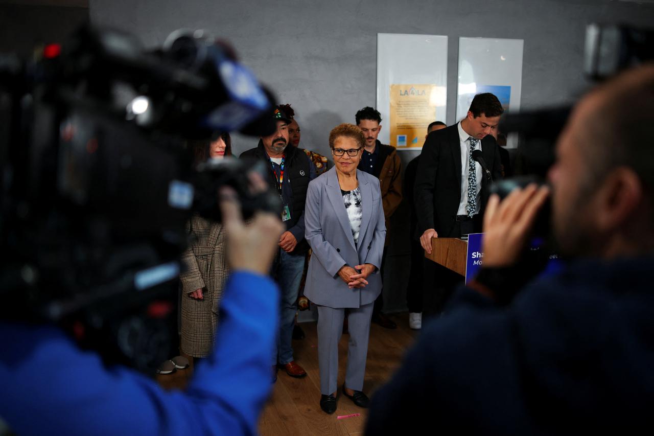 Los Angeles Mayor Karen Bass attends a press conference at an LA4LA permanent housing facility in Los Angeles