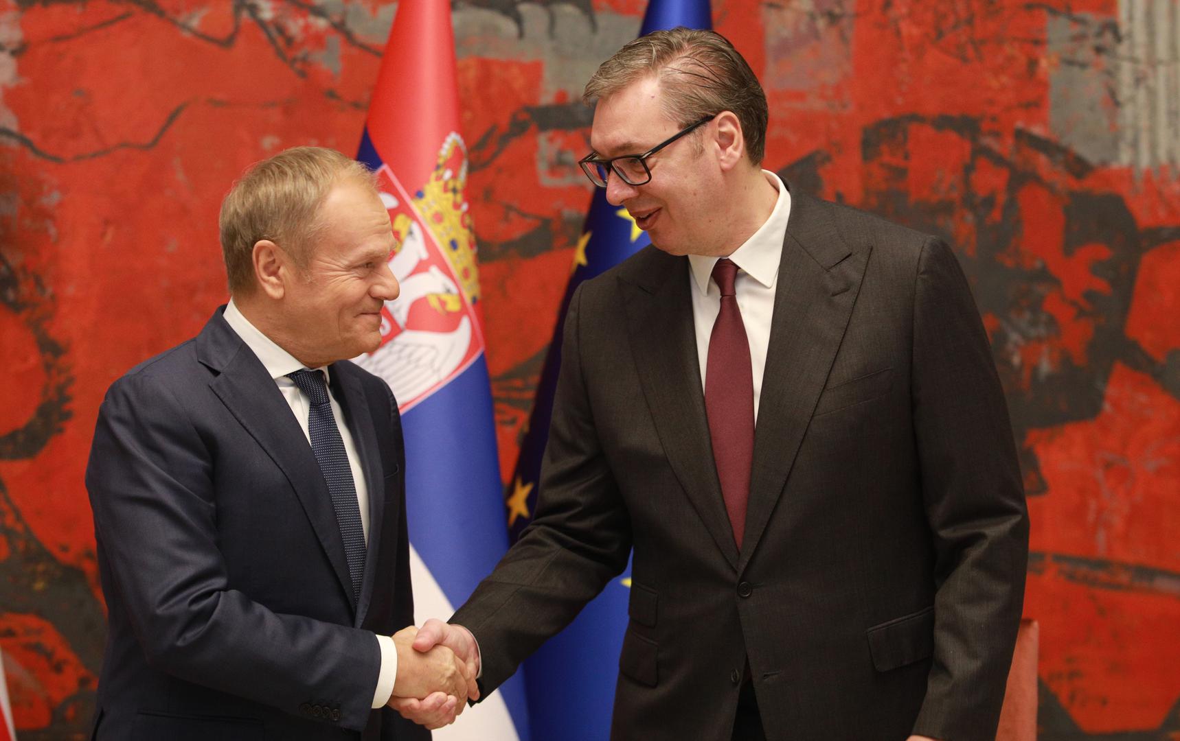 24, October, 2024, Belgrade - The President of the Republic of Serbia, Aleksandar Vucic, will host the Prime Minister of the Republic of Poland, Donald Tusk, who is on an official visit to the Republic of Serbia from October 23 to 24 - Tête-à-tête meeting between Aleksandar Vucic and Donald Tusk. Donald Tusk, Aleksandar Vucic. Photo: Milos Tesic/ATAImages 

24, oktobar, 2024, Beograd - Predsednik Republike Srbije Aleksandar Vucic ugostice predsednika Vlade Republike Poljske Donalda Tuska koji boravi u zvanicnoj poseti Republici Srbiji od 23. do 24. oktobra. Photo: Milos Tesic/ATAImages Photo: Milos Tesic/ATA Images/PIXSELL