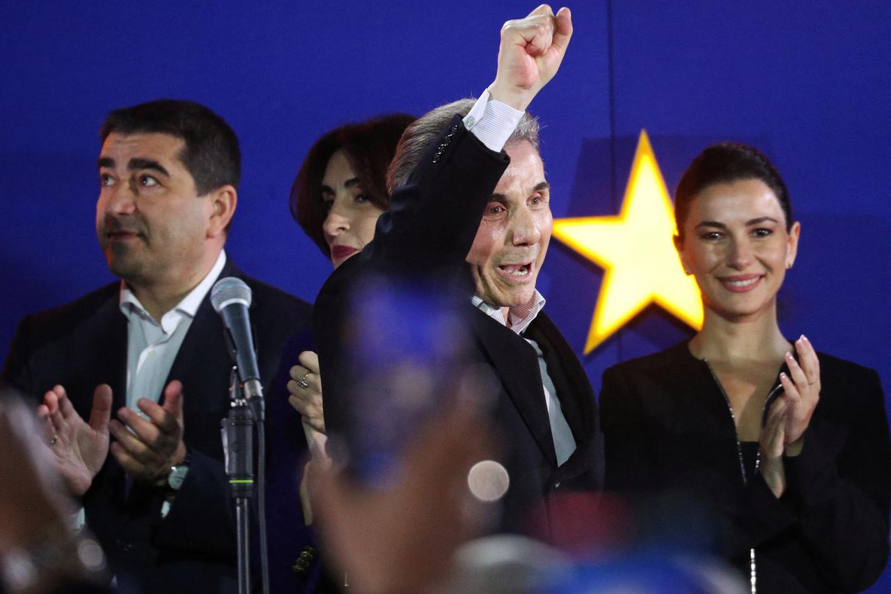 Founder of the Georgian Dream party Bidzina Ivanishvili speaks after the announcement of exit poll results in Tbilisi