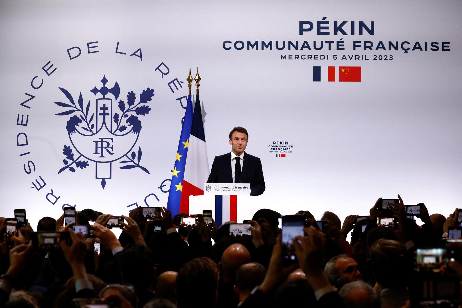 French President Emmanuel Macron delivers a speech as he meets the French community in Beijing, China, April 5, 2023. REUTERS/Gonzalo Fuentes Photo: GONZALO FUENTES/REUTERS