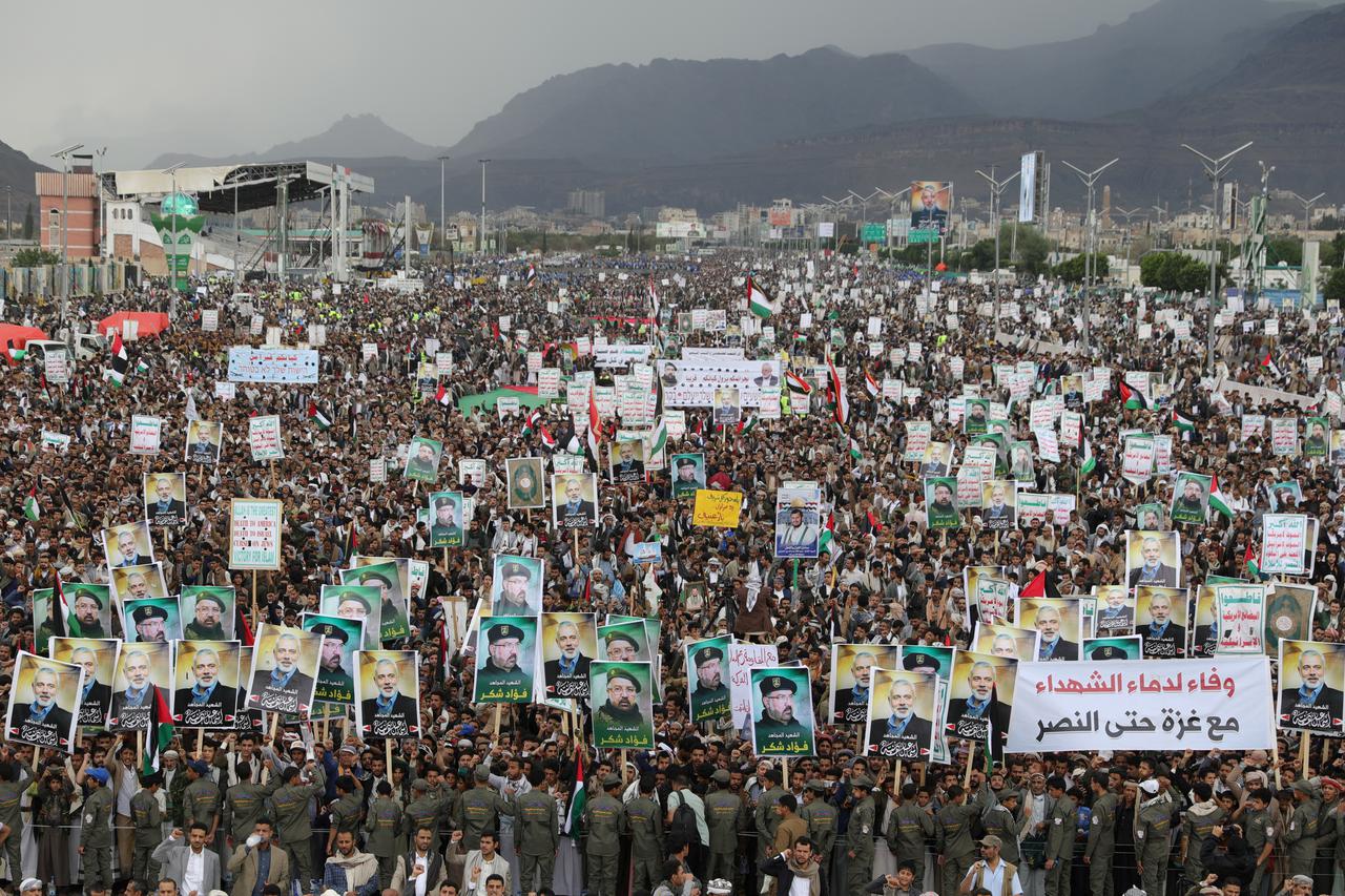 Protesters, mainly Houthi supporters, rally to show solidarity with Palestinians in the Gaza Strip, in Sanaa