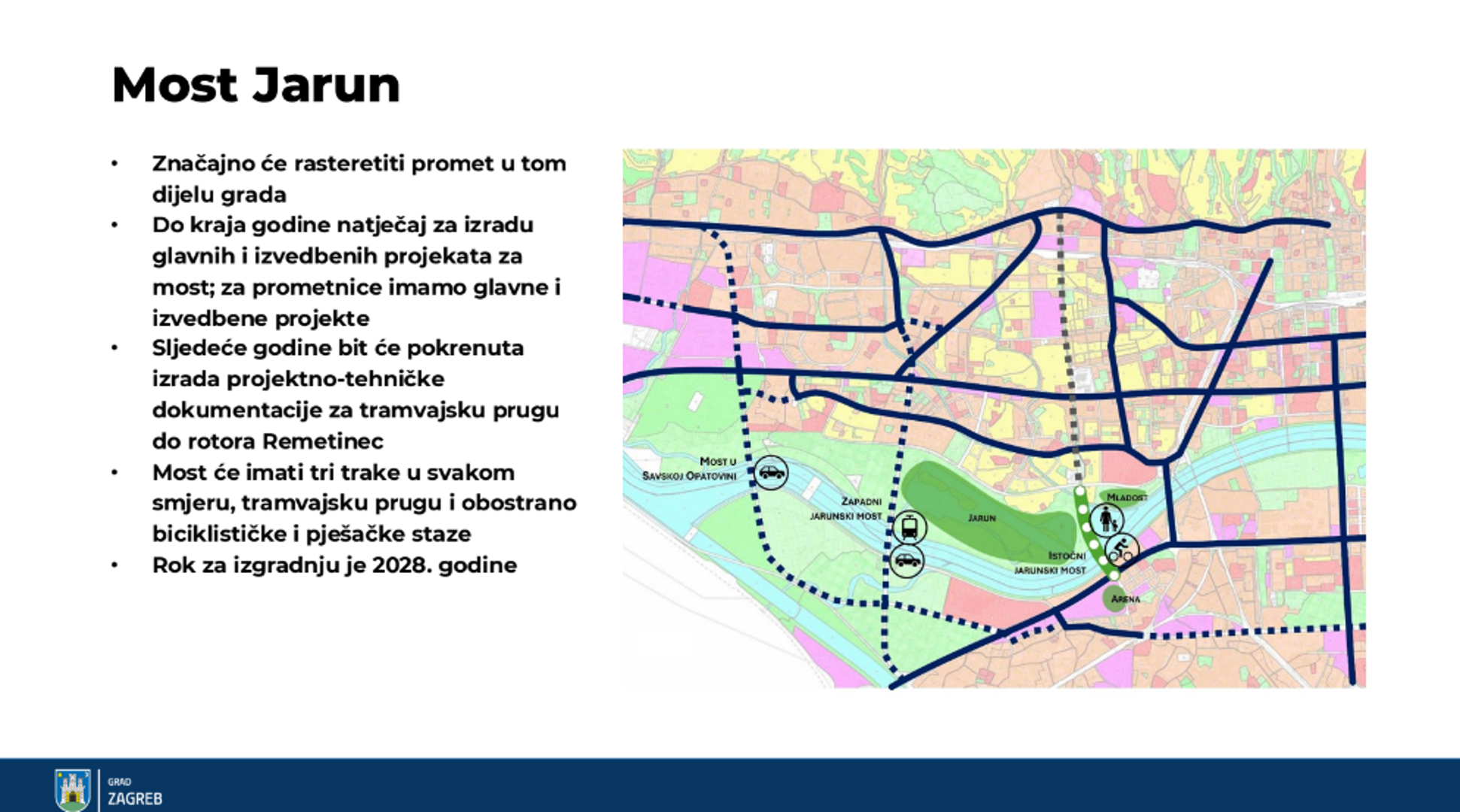Završavmo imovinsko-pravne odnose, mijenjamo lokacijsku dozvolu i idemo u projktiranje Jarunskog mosta, najavio je Tomašević. Most će biti gotov do kraja 2028. godine. On će znatno rasteretiti Jadranski most, Horvaćansku, Selsku te Ljubljansku aveniju. Imat će tri trake u svakom smjeru i tramvajsku prugu
