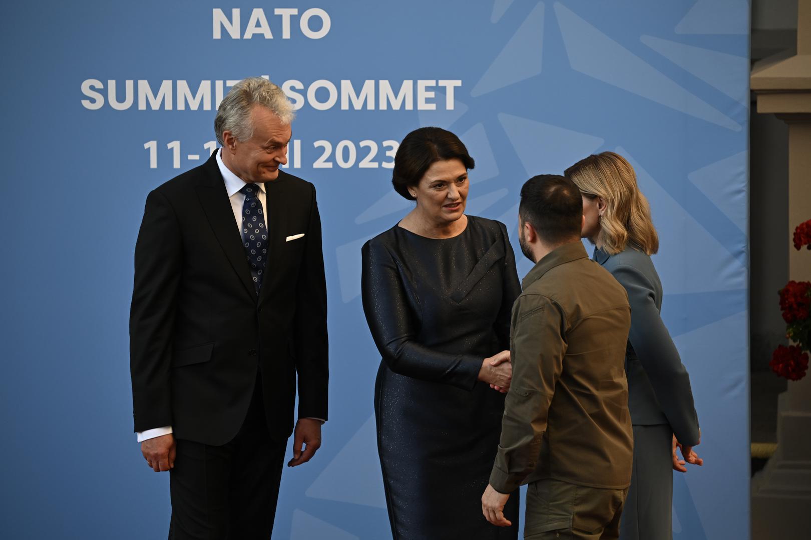 Ukrainian President Volodymyr Zelensky and his wife Olena Zelenska (right), are greeted by Lithuania's President Gitanas Nauseda and his wife Diana Nausediene for the social dinner during the Nato summit in Vilnius, Lithuania. Picture date: Tuesday July 11, 2023. Photo: PAUL ELLIS/PRESS ASSOCIATION