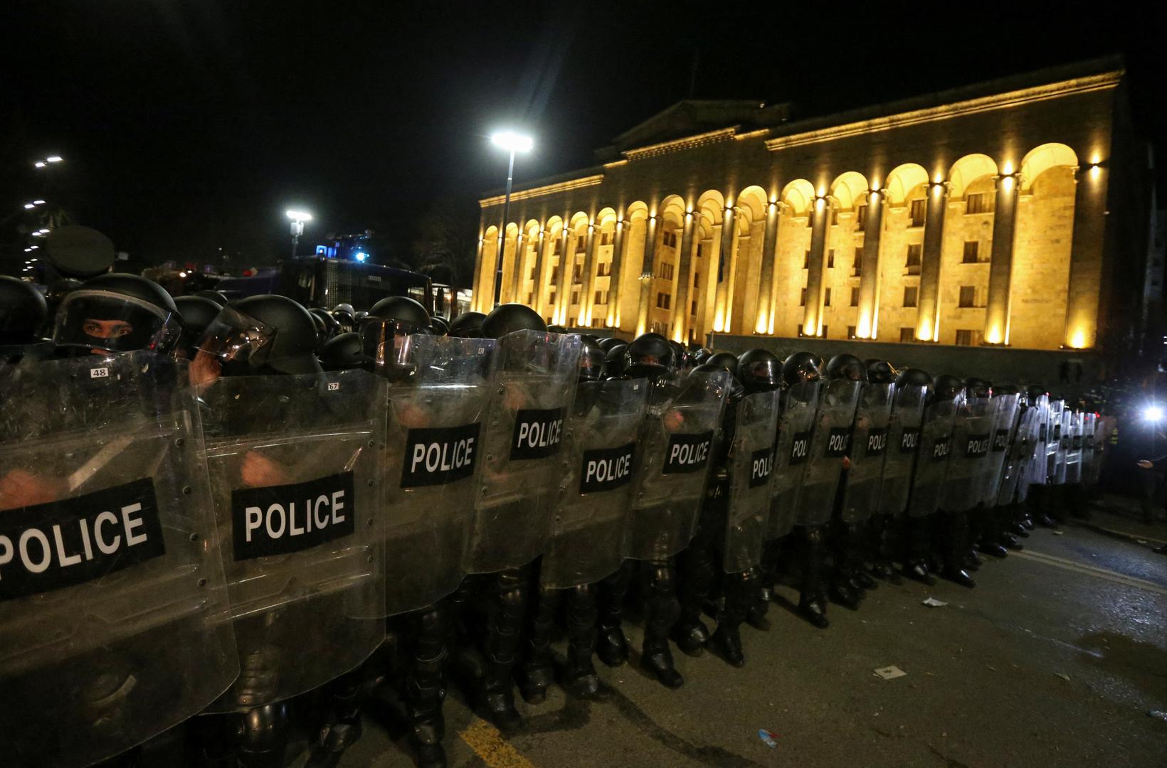 Police officers line up outside the parliament building during a rally against the "foreign agents" law in Tbilisi, Georgia, March 8, 2023. REUTERS/Irakli Gedenidze Photo: IRAKLI GEDENIDZE/REUTERS