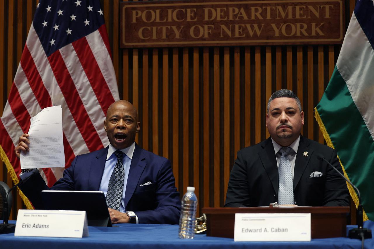 New York City Police Department (NYPD) Commissioner Edward Caban and Mayor Eric Adams appear at a press conference in New York