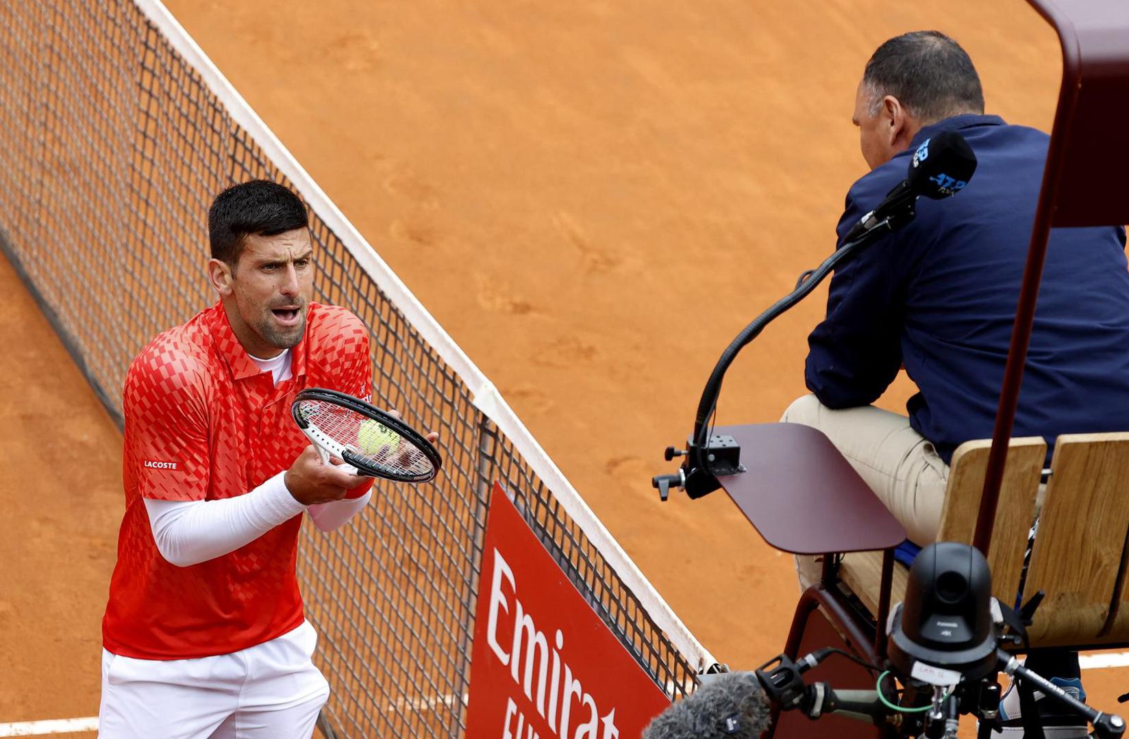 Tennis - Italian Open - Foro Italico, Rome, Italy - May 17, 2023 Serbia's Novak Djokovic remonstrates with chair umpire Mohamed Lahyani during his quarter final match against Denmark's Holger Rune REUTERS/Ciro De Luca Photo: CIRO DE LUCA/REUTERS