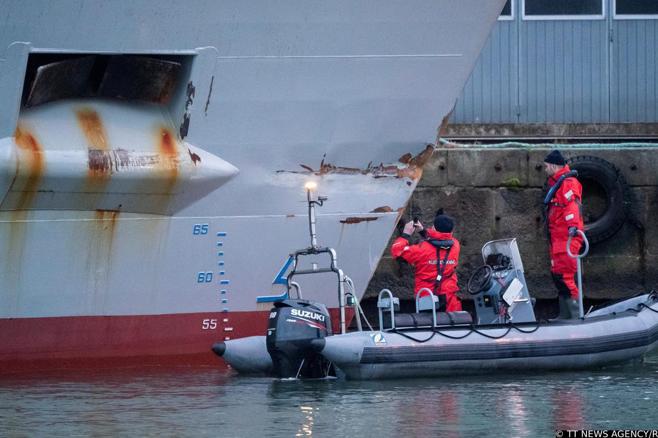 Swedish Coast Guard investigate damaged British cargo vessel Scot Carrier in the port of Ystad