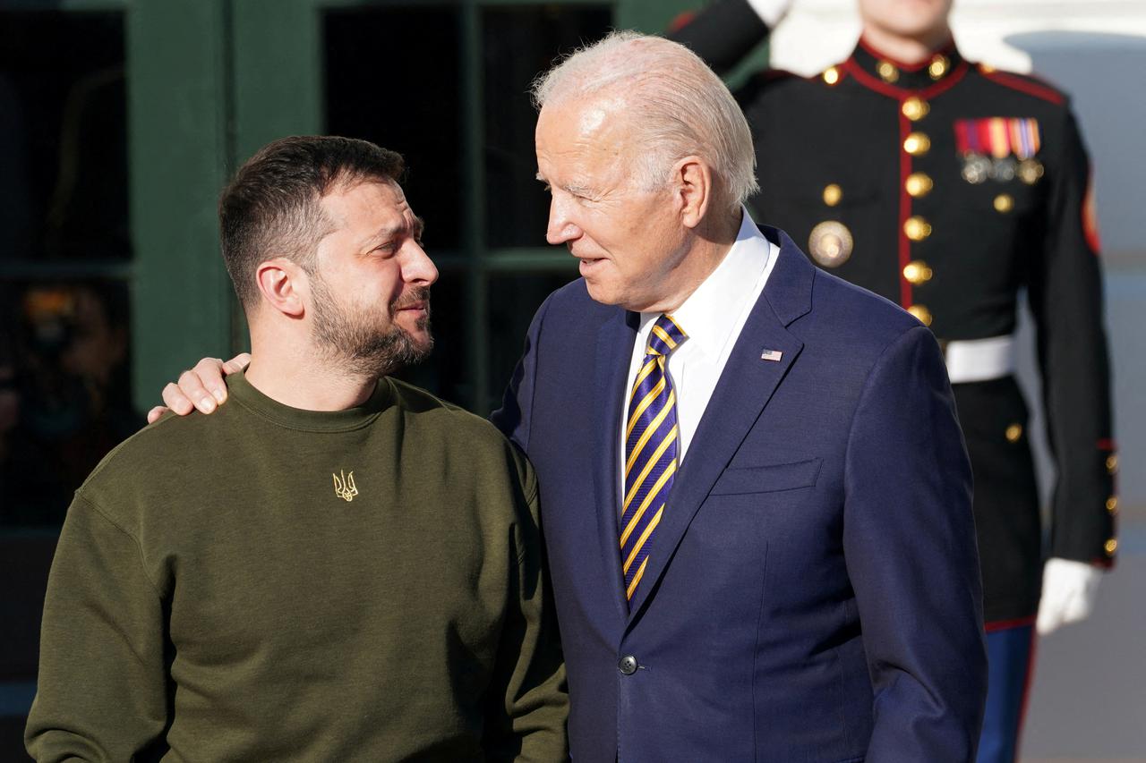 U.S. President Joe Biden welcomes Ukraine's President Volodymyr Zelenskiy on the South Lawn at the White House in Washington