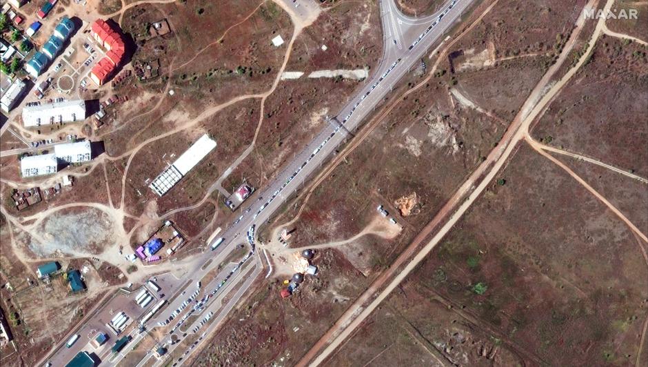 A satellite image shows traffic at the Khyagt border post on Russia's border with Mongolia