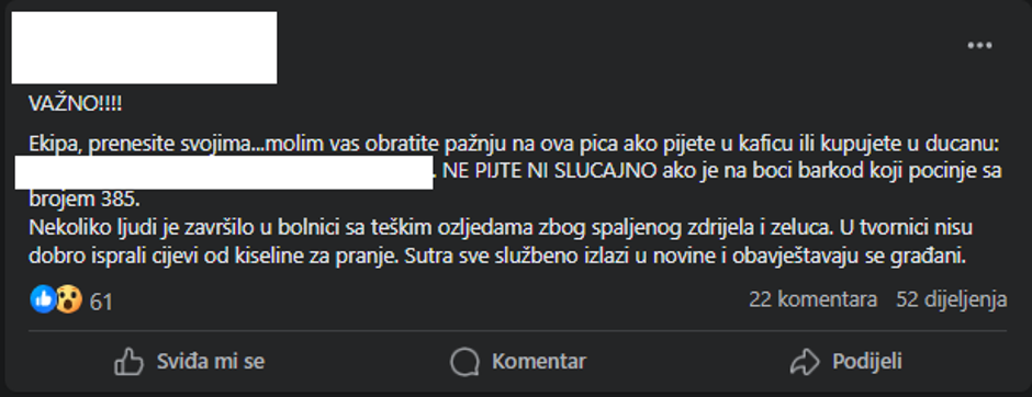 Uznemiravajuće poruke o trovanju sokom i mineralnom