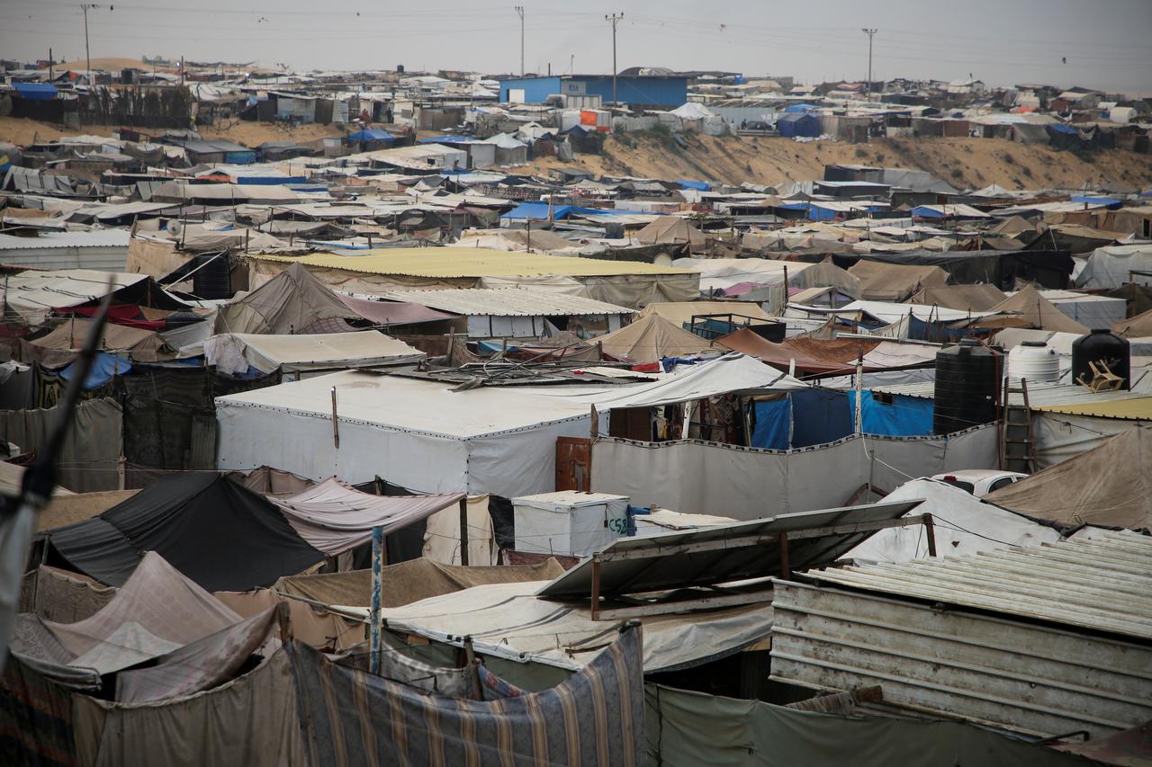 General view shows a tent camp sheltering displaced Palestinian people in Al-Mawasi area in Khan Younis