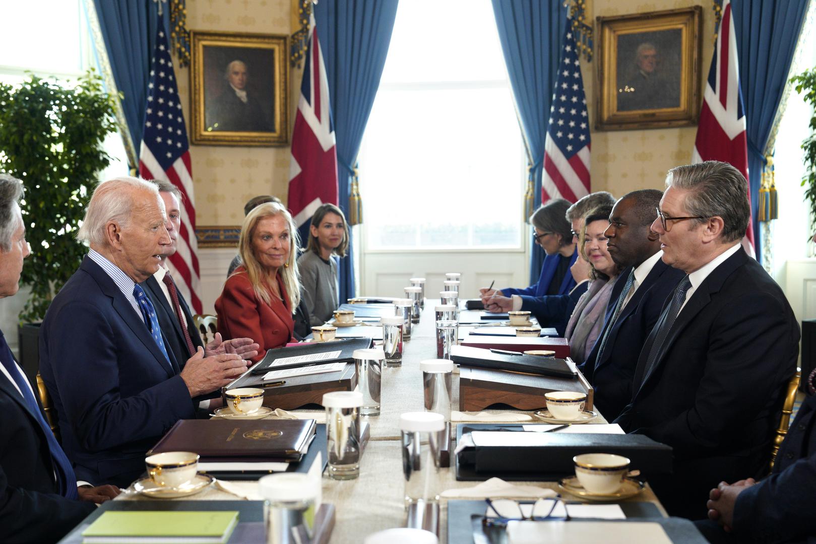 US President Joe Biden (L) meets with British Prime Minister Keir Starmer in the Blue Room at the White House in Washington on Friday, September 13, 2024.           Photo by Yuri Gripas/UPI Photo via Newscom Photo: Yuri Gripas/NEWSCOM