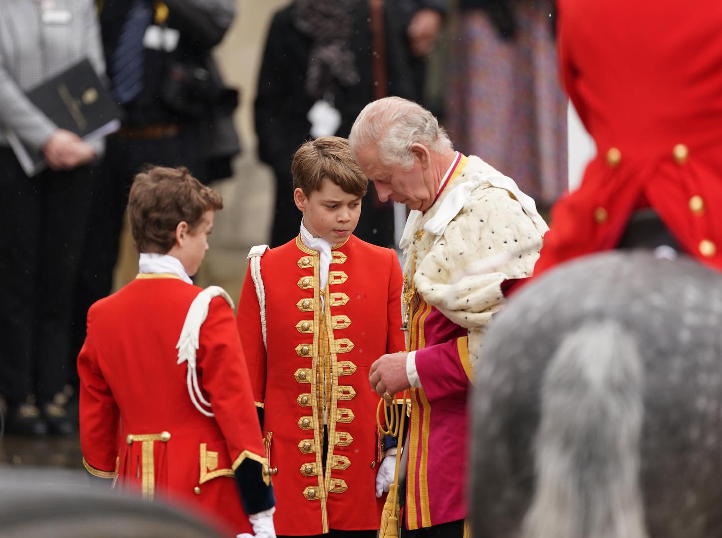 Prince George (centre) and King Charles III outside Westminster Abbey, London, ahead of the coronation of King Charles III and Queen Camilla on Saturday. Picture date: Saturday May 6, 2023. Photo: Joe Giddens/PRESS ASSOCIATION