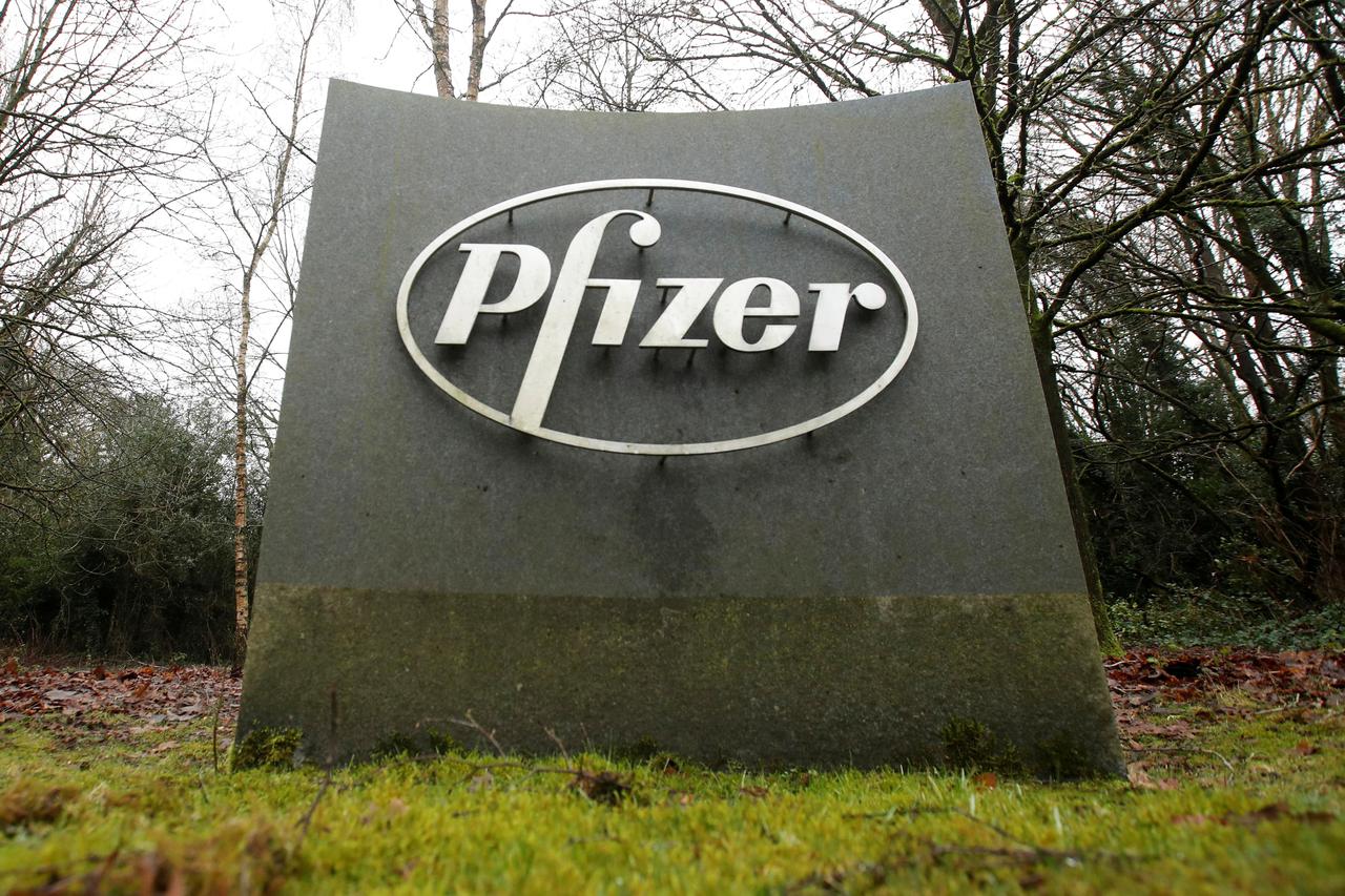 FILE PHOTO: The Pfizer logo is seen at their UK commercial headquarters in Walton Oaks