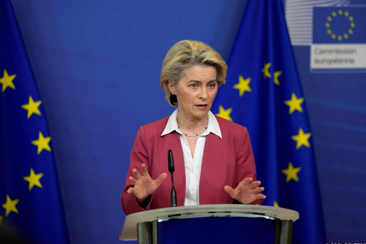 European Commission President Ursula von der Leyen speaks during a news conference in Brussels