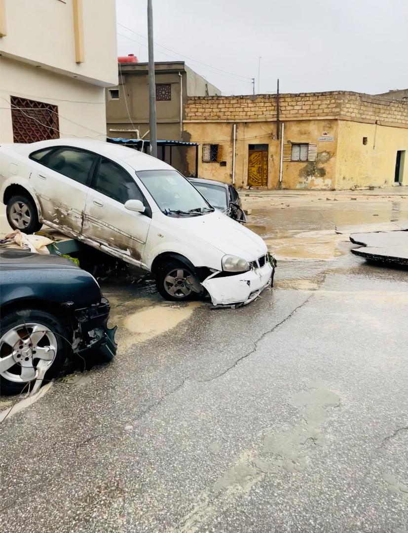 A view shows damaged cars after a powerful storm and heavy rainfall hit, in Al Bayda, Libya, September 11, 2023, in this screengrab obtained from social media video. Instagram/@EX5TWD via REUTERS. ATTENTION EDITORS - THIS IMAGE HAS BEEN SUPPLIED BY A THIRD PARTY. MANDATORY CREDIT. NO RESALES. NO ARCHIVES Photo: INSTAGRAM/@EX5TWD/REUTERS