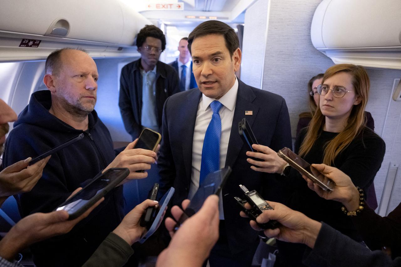 U.S. Secretary of State Marco Rubio speaks with the media on his military airplane as he flies to Jeddah