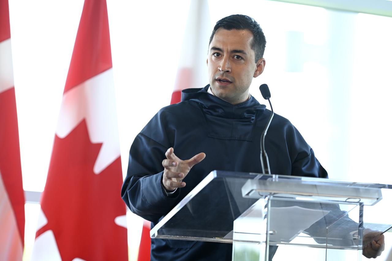 Prime Minister of Greenland Mute Bourup Egede speaks before a signing ceremony that will establish a land border between Canada and the Kingdom of Denmark on Hans Island, an arctic island between Nunavut and Greenland