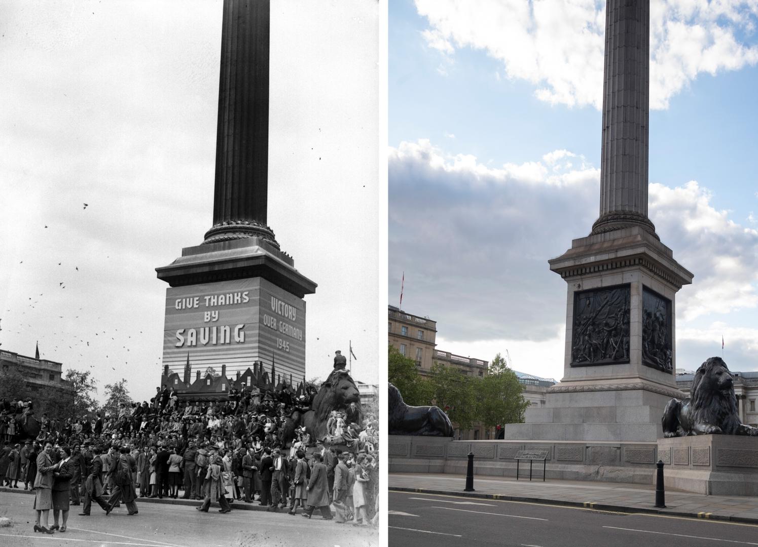 VE Day 75th Anniversary File photo dated 08/05/45 showing huge crowds at Trafalgar Square, London, celebrating VE (Victory in Europe) Day in London, marking the end of the Second World War in Europe, 75 years ago, and how it looked 2/5/2020. PA  Photo: PA Images/PIXSELL