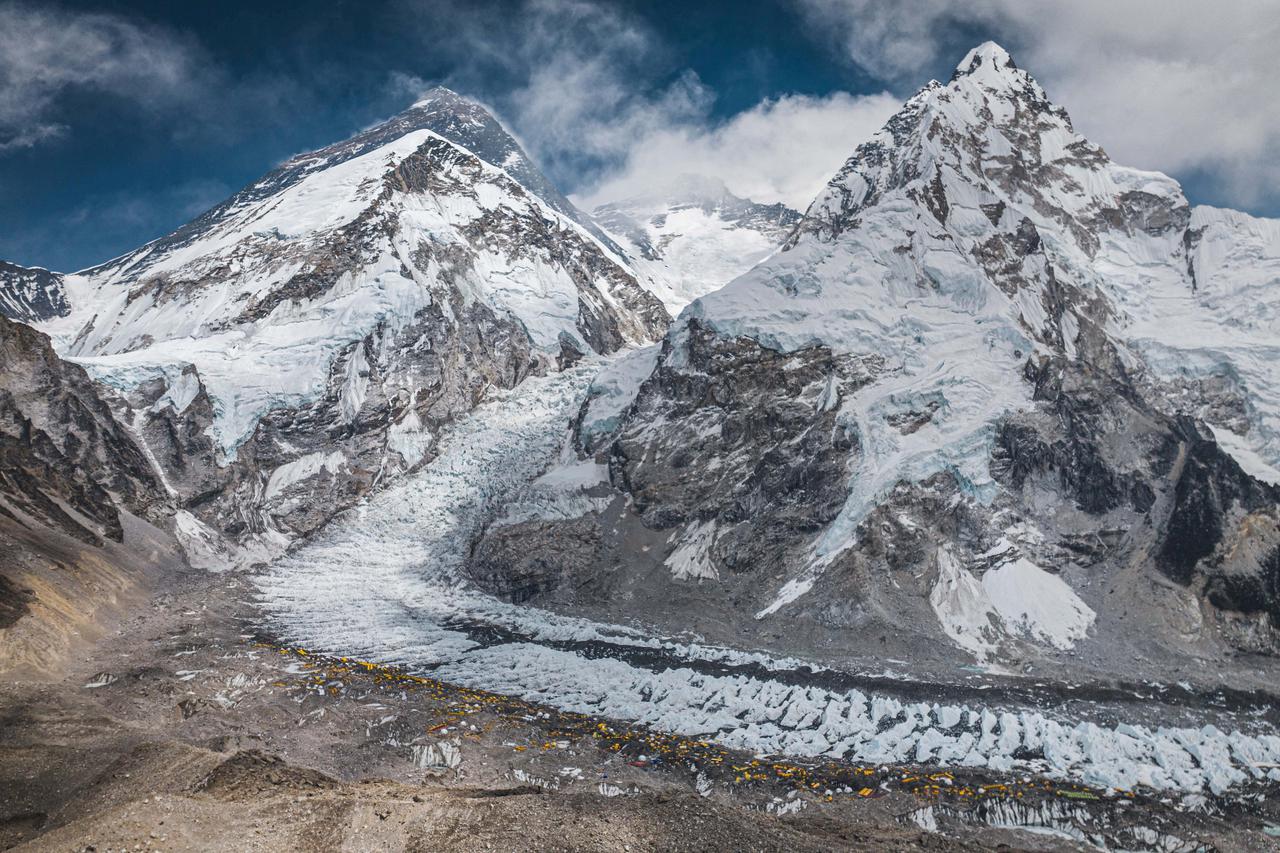FILE PHOTO: A drone view shows Mount Everest along with Khumbu Glacier and base camp in Nepal