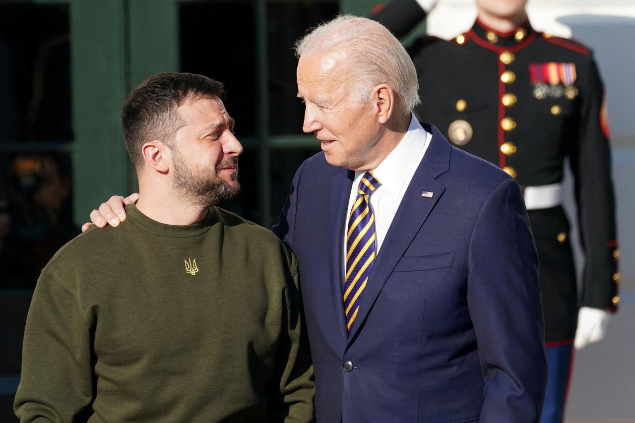 U.S. President Joe Biden welcomes Ukraine's President Volodymyr Zelenskiy on the South Lawn at the White House in Washington