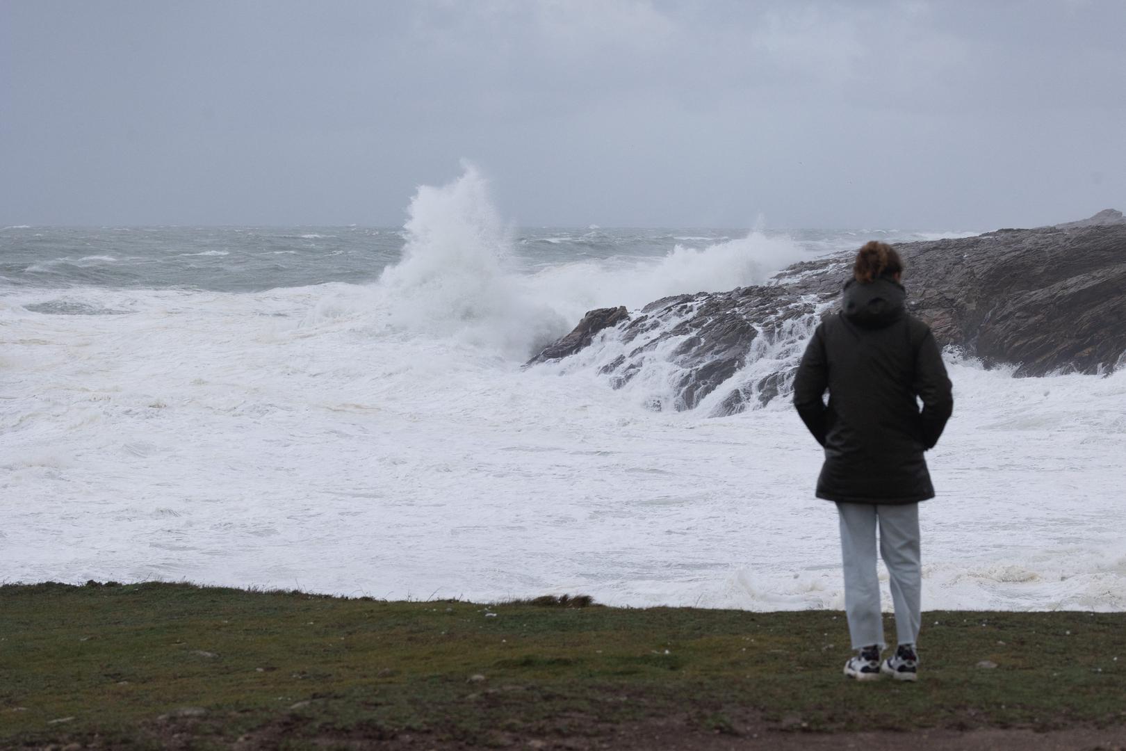 People look at waves hitting the waterfront around Quiberon, western France, on November 2, 2023, as the storm Ciaran hits the region. Storm Ciaran battered northern France with record winds of nearly 200 km per hour killing a lorry driver as southern England remained on high alert on November 2, 2023 and rail operators in several countries warned of traffic disruptions. Some 1.2 million homes lost electricity overnight as the storm lashed France northwest coast, ripping trees out of the ground. Photo by Raphael Lafargue/ABACAPRESS.COM Photo: Lafargue Raphael/ABACA/ABACA