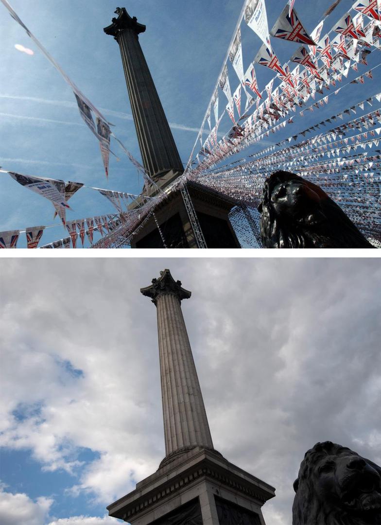 VE Day 75th Anniversary File photo dated 10/07/05 showing Nelson's Column in Trafalgar Square in London, decked out with V shaped Union Jacks to mark the 60th Anniversary of VE (Victory in Europe) Day in London, marking the end of the Second World War in Europe, now 75 years ago, and how it looked 2/5/2020. Steve Parsons  Photo: PA Images/PIXSELL