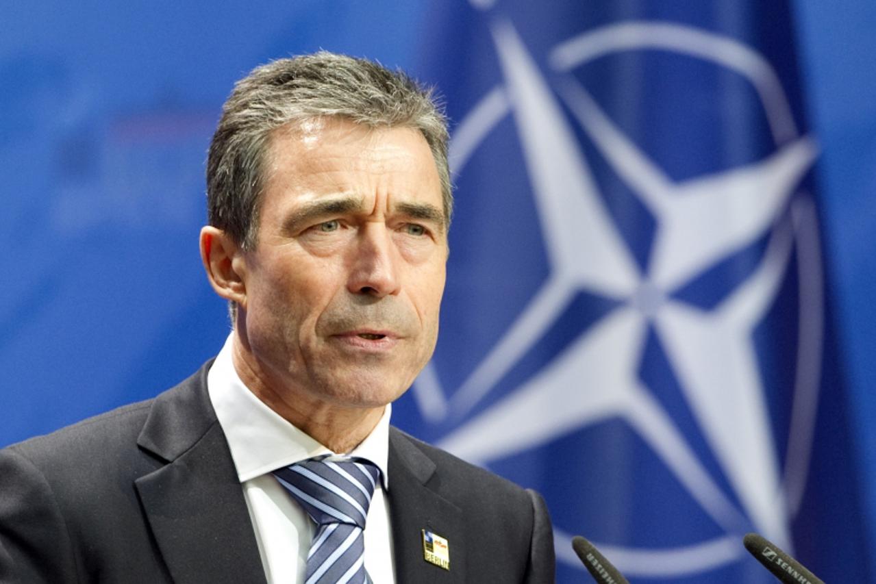 'NATO Secretary General Anders Fogh Rasmussen addresses the closing press conference after the two-day NATO Foreign Minister meetings at the Ministry of Foreign Affairs in Berlin, Germany, on April 15