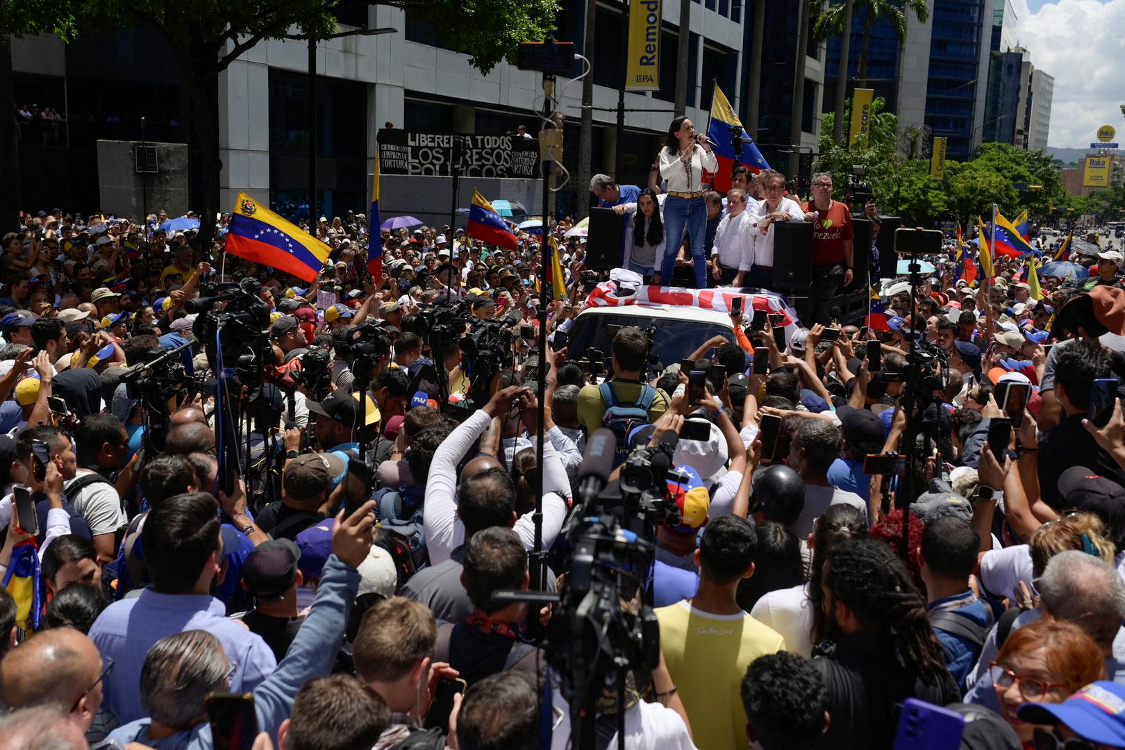 Venezuelan opposition leader Maria Corina Machado speaks during a protest against the election results announced by President Nicolas Maduro's government after he was declared winner of the election, in Caracas, Venezuela August 28, 2024. REUTERS/Maxwell Briceno Photo: Maxwell Briceno/REUTERS