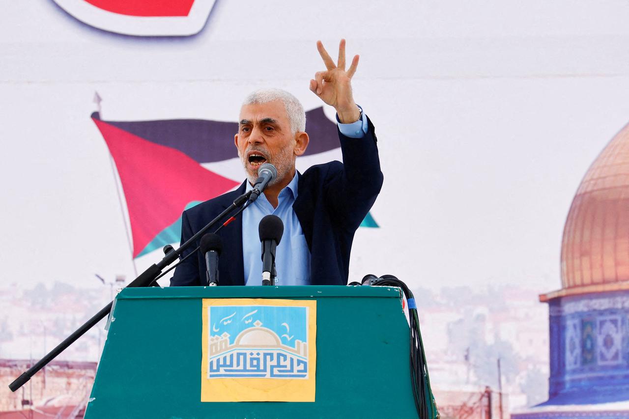 FILE PHOTO: Yehya Al-Sinwar, Hamas political leader in Gaza, speaks during a rally