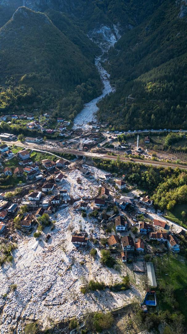 07.10.2024., Jablanica - Pogled iz zraka na mjesto Donje Jablanica i kamenolom iz kojeg je krenula lavina kamenja zajedno s bujicom. Photo: Denis Kapetanovic/PIXSELL