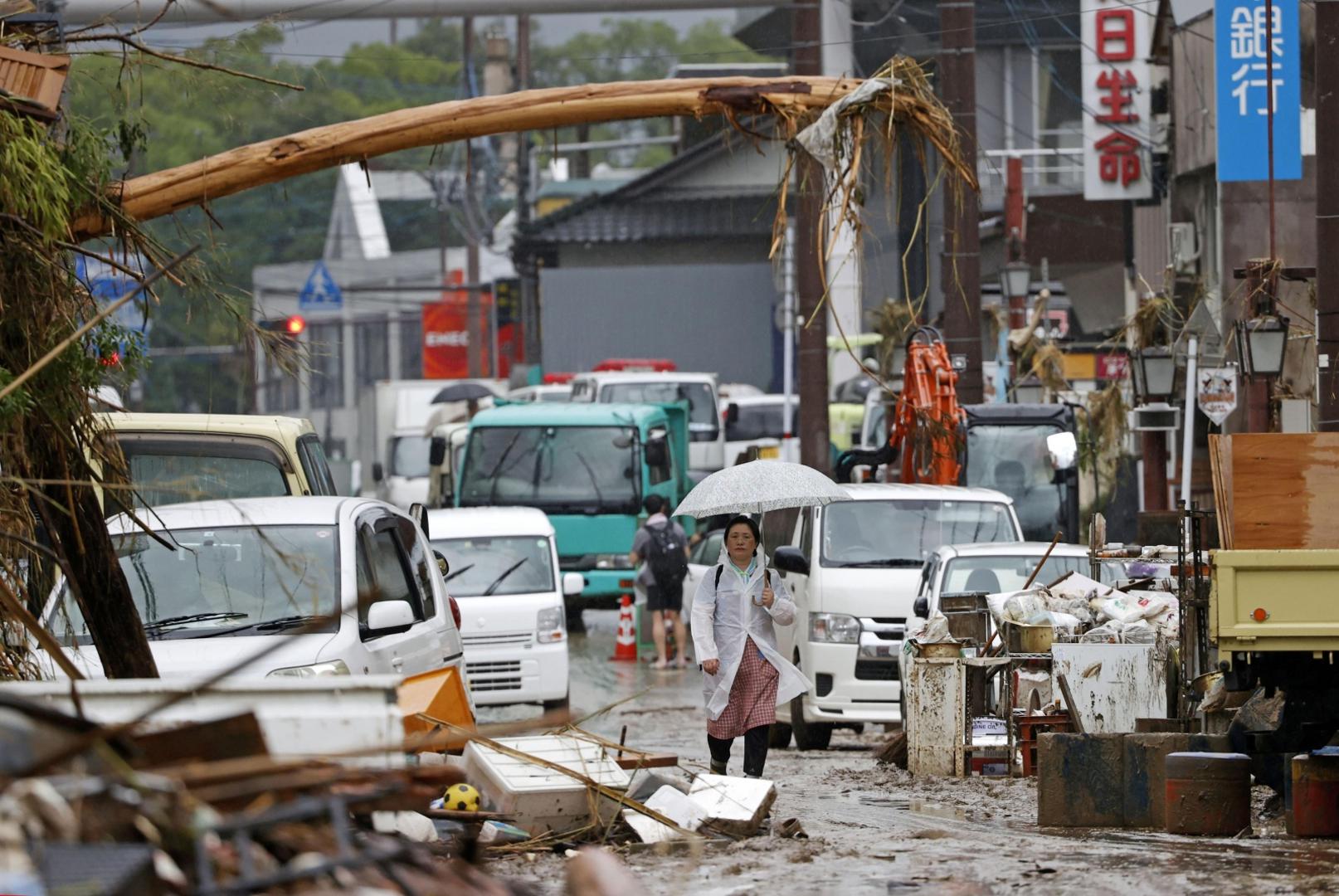 Photo shows the flood-ravaged city of Hitoyoshi in Kumamoto Prefecture, southwestern Japan, on July 7, 2020, after deadly torrential rain. (Kyodo)
==Kyodo
 Photo via Newscom Newscom/PIXSELL