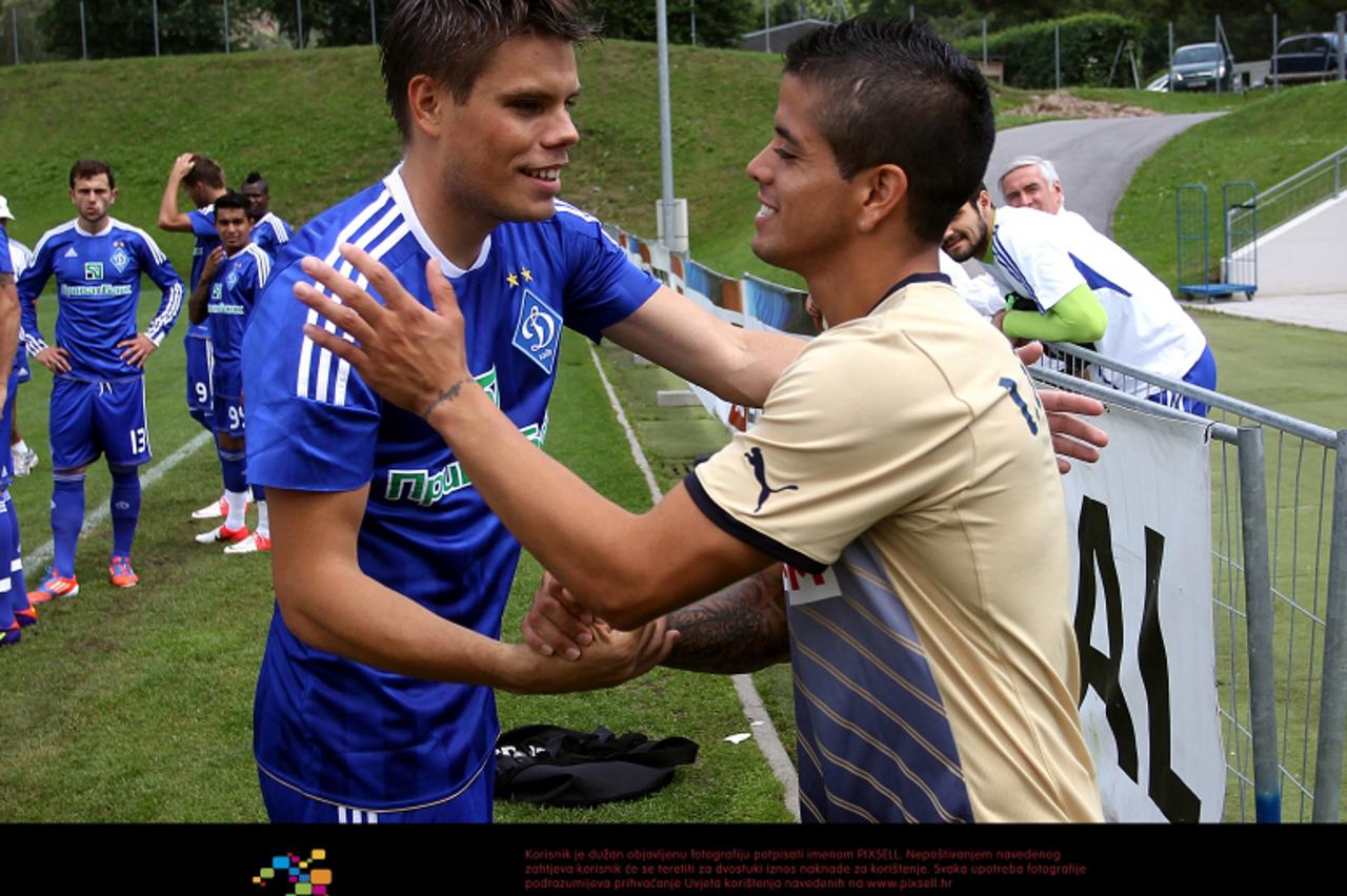 '03.07.2012., Langenfeld, Innsbruck, Austria - Pripremna utakmica, GNK Dinamo Zagreb - FC Dinamo Kijev. Ognjen Vukojevic, Luis Ibanez.  Photo: Goran Stanzl/PIXSELL'