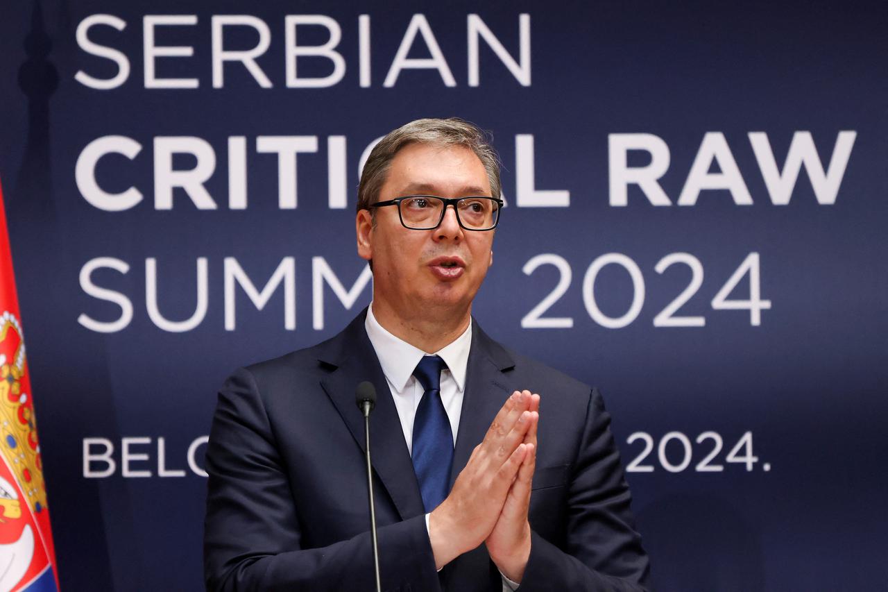 Serbian President Aleksandar Vucic speaks during a press conference, during a critical raw materials summit in Belgrade