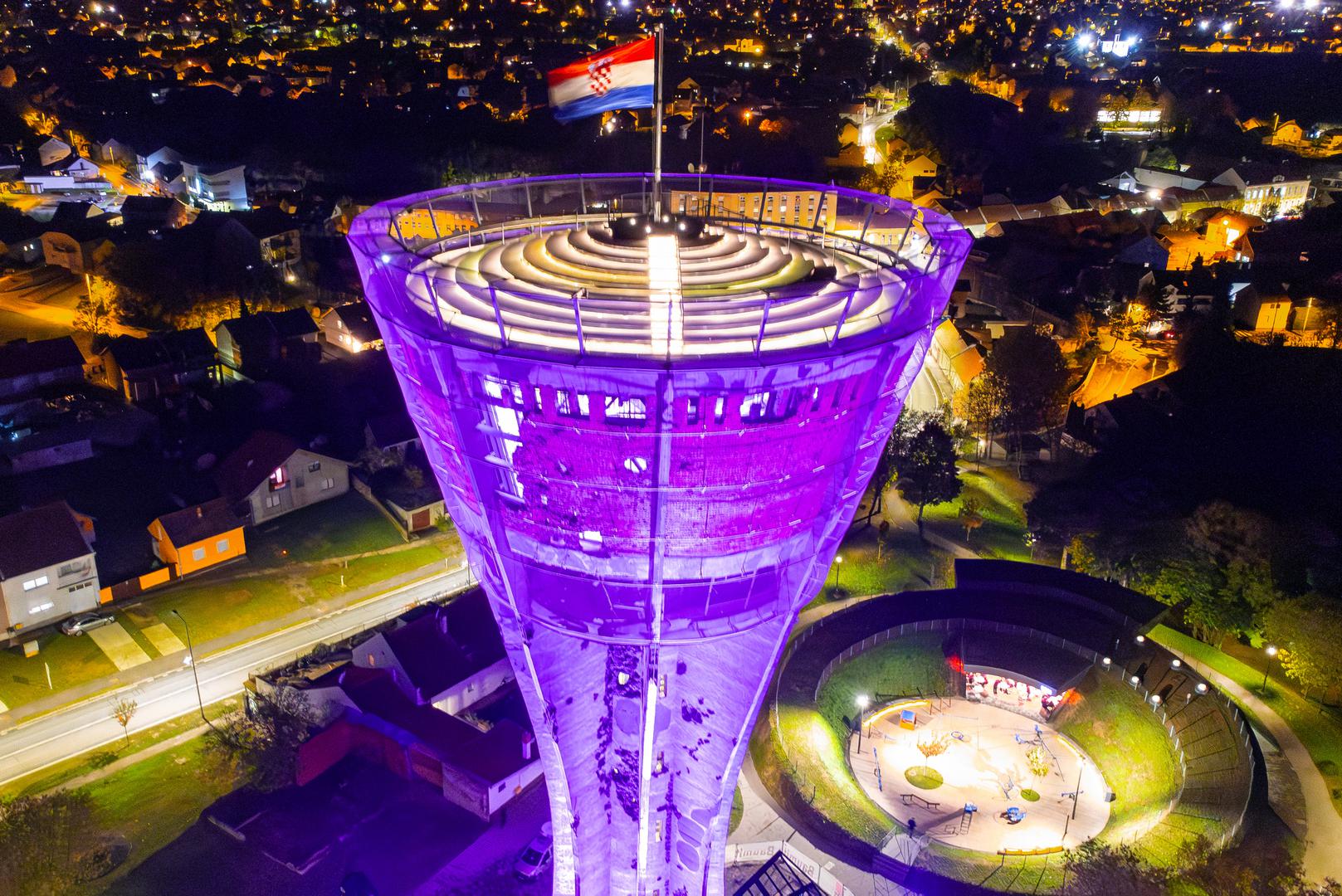 17.11.2023., Vukovar - Pogled iz zraka na Vukovarski vodotoranj osvjetljen ljubicastom bojom povodom Svjetskog dana prijevremeno rodjene djece. Photo: Davor Javorovic/PIXSELL