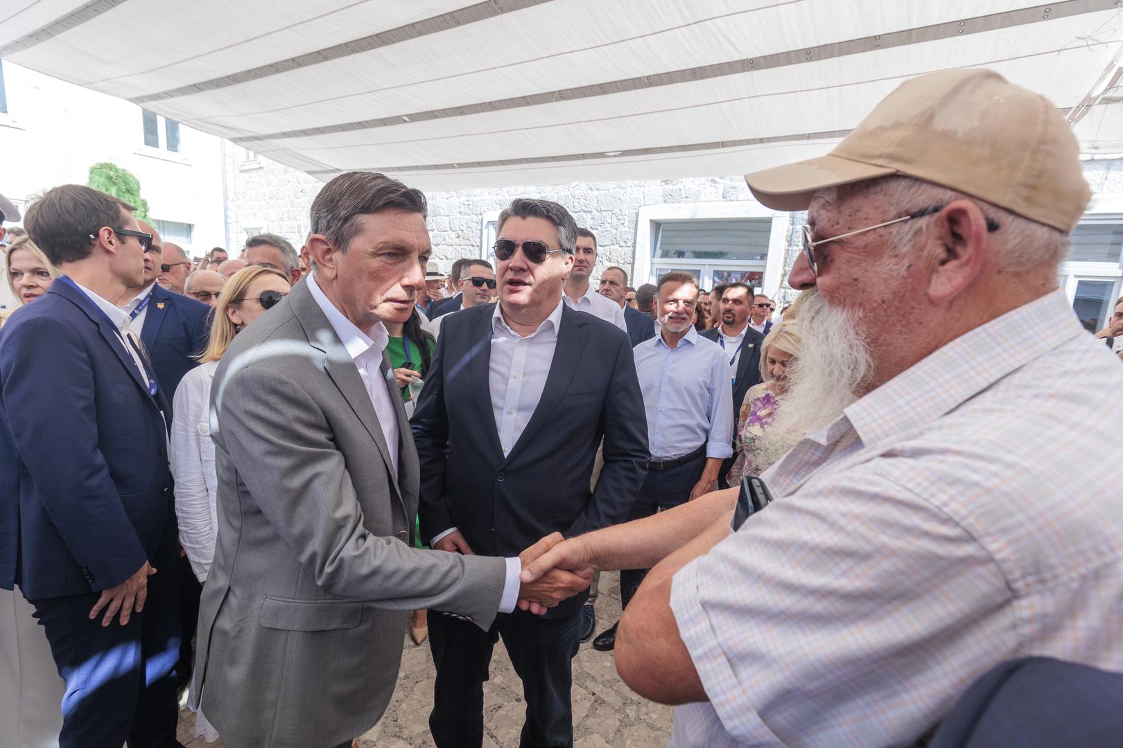 07.08.2022., Sinj - Predsjednik RH Zoran Milanovic, premijer Andrej Plenkovic s ministrima, predsjednik Republike Slovenije Borut Pahor sudjelovali su na Vojvodinom prijemu u Alkarskim dvorima.
Borut Pahor, Zoran Milanovic
Photo:   Photo: Miroslav Lelas/PIXSELL