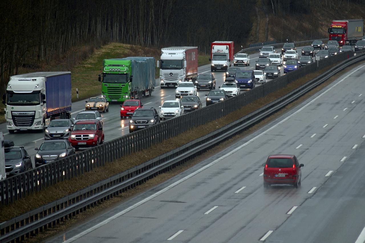 FILE PHOTO: Cars and trucks are stuck in traffic jam near Irschenberg