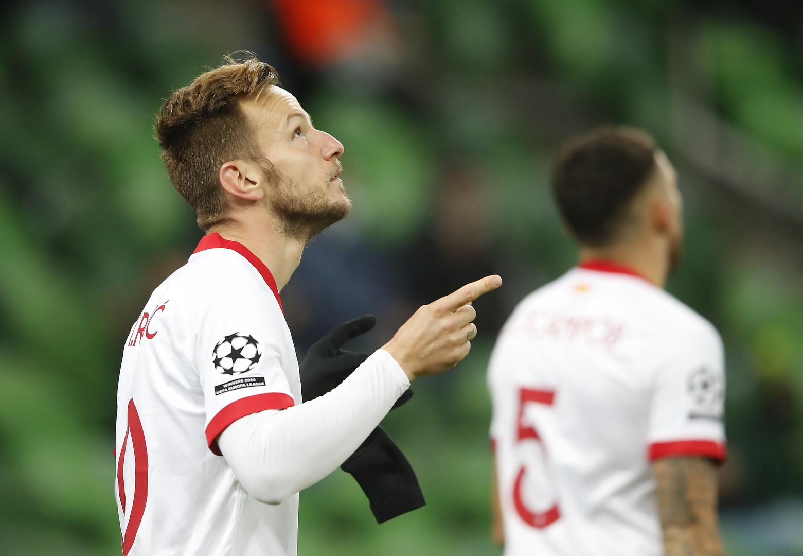 Champions League - Group E - FC Krasnodar v Sevilla Soccer Football - Champions League - Group E - FC Krasnodar v Sevilla - Krasnodar Stadium, Krasnodar, Russia - November 24, 2020 Sevilla's Ivan Rakitic celebrates scoring their first goal REUTERS/Maxim Shemetov MAXIM SHEMETOV