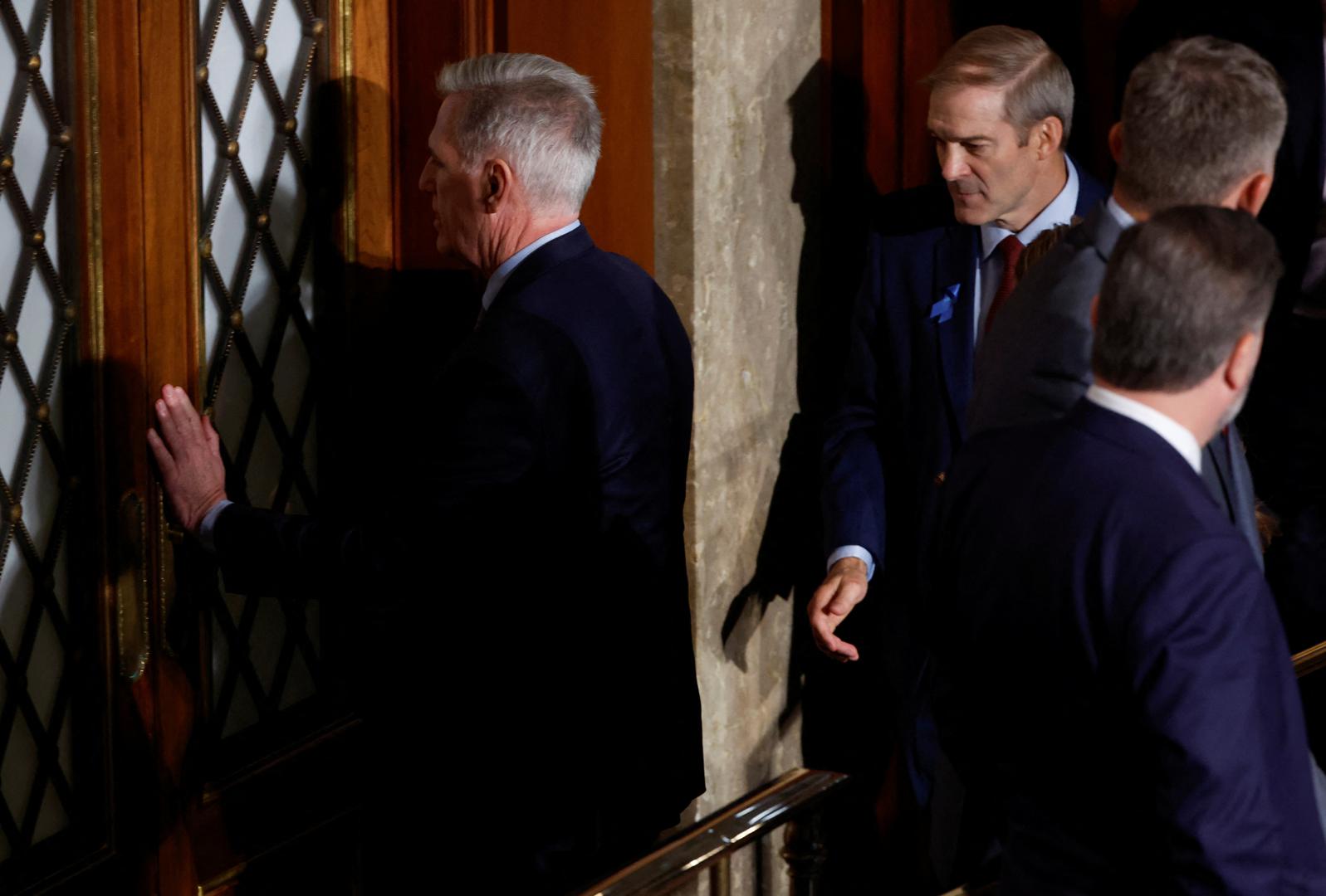 Former Speaker of the House Kevin McCarthy (R-CA)  and Rep. Jim Jordan (R-OH) exit the chamber of the House of Representatives after a second round of voting for a new Speaker of the House ended with Jordan once again failing to win the Speaker's gavel at the U.S. Capitol in Washington, U.S., October 18, 2023. REUTERS/Jonathan Ernst Photo: JONATHAN ERNST/REUTERS