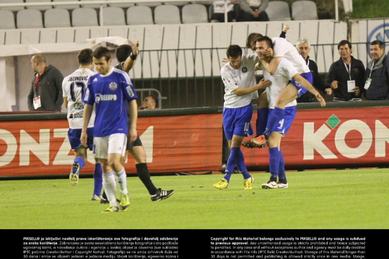 '17.04.2013., Poljud, Split - Uzvratna utakmica polufinala Hrvatskog kupa, Hajduk - Slaven Belupo. Slavlje hajdukovaca nakon izjednacenja Milica.  Photo: Ivo Cagalj/PIXSELL'