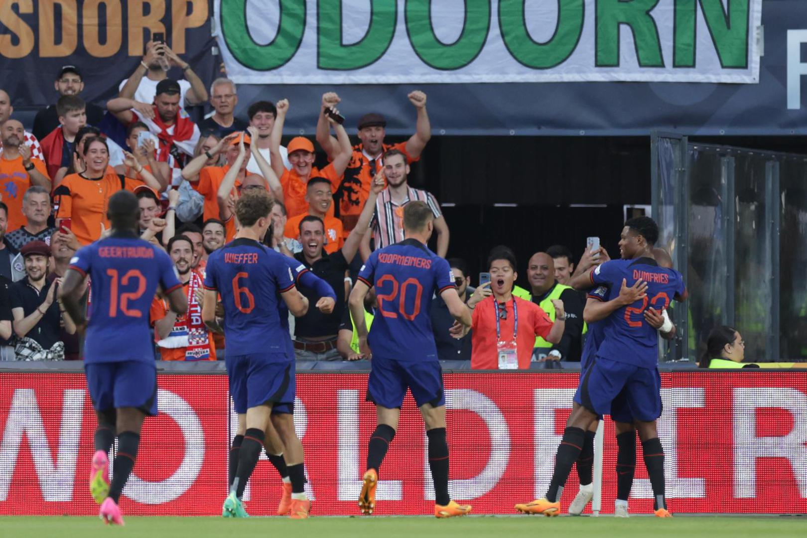 14.06.2023., stadion Feyenoord "De Kuip", Rotterdam, Nizozemska - UEFA Liga Nacija, polufinale, Nizozemska - Hrvatska. Nogometasi Nizozemske slave pogodak za 1:0. Photo: Luka Stanzl/PIXSELL