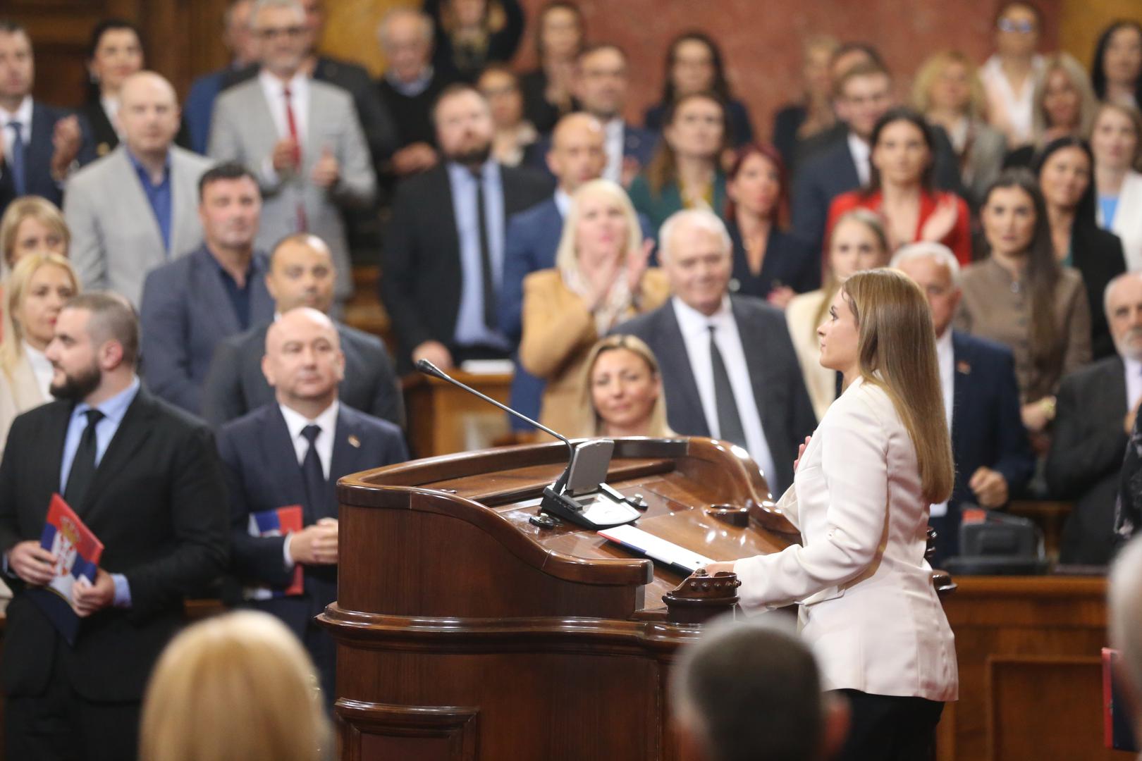 02, May, 2024, Belgrade - The Prime Minister of the Republic of Serbia, Milos Vucevic, and the ministers took the oath in the Assembly of the Republic of Serbia, and with that, their mandate officially began. Milica Djurdjevic Stamenkovski. Photo: F.S./ATAImages

02, maj, 2024, Beograd - Predsednik Vlade Republike Srbije Milos Vucevic i ministri polozili su zakletvu u Skupstini Republike Srbije, a time je poceo i zvanicno da im tece mandat. Photo: F.S./ATAImages Photo: F.S./ATAImages/PIXSELL