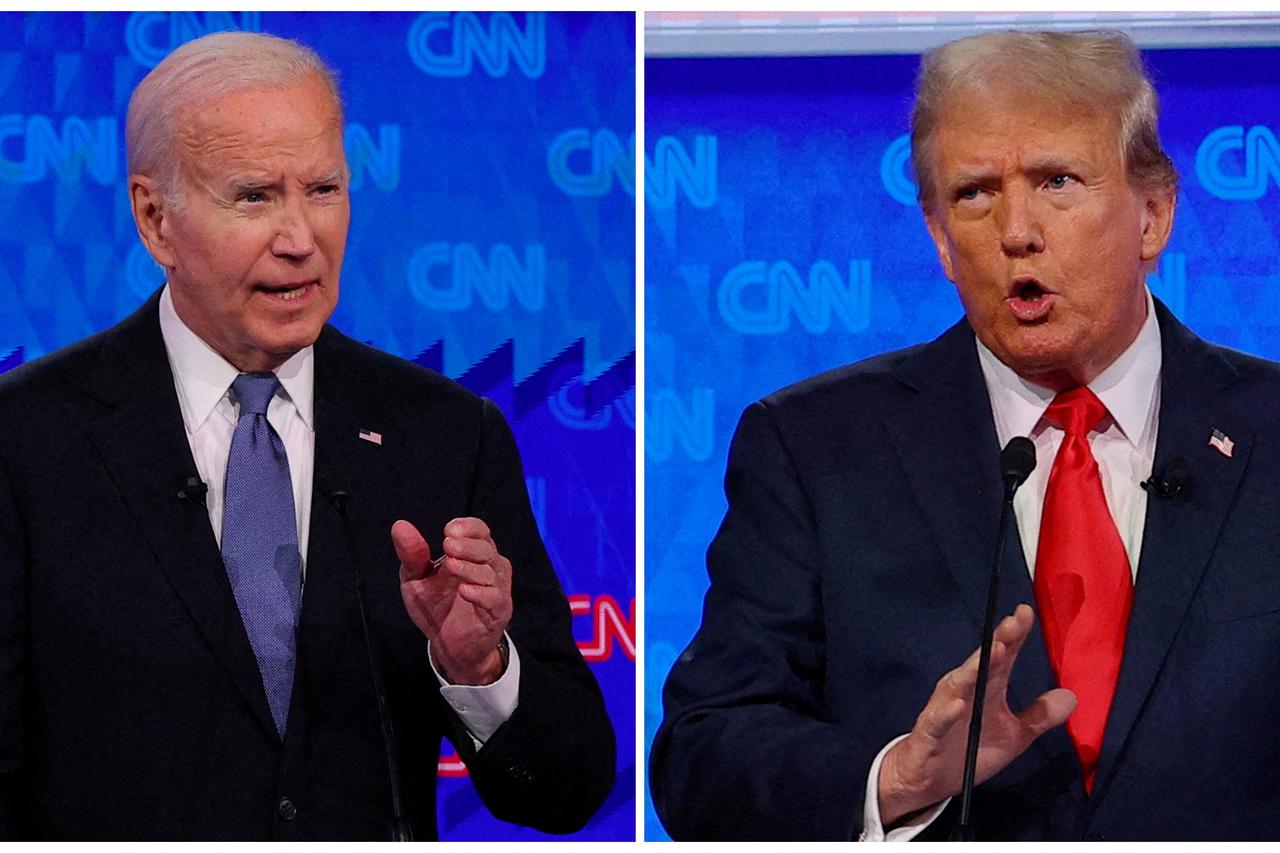 Democratic Party presidential candidate U.S. President Joe Biden and Republican presidential candidate former U.S. President Donald Trump speak during a presidential debate in Atlanta