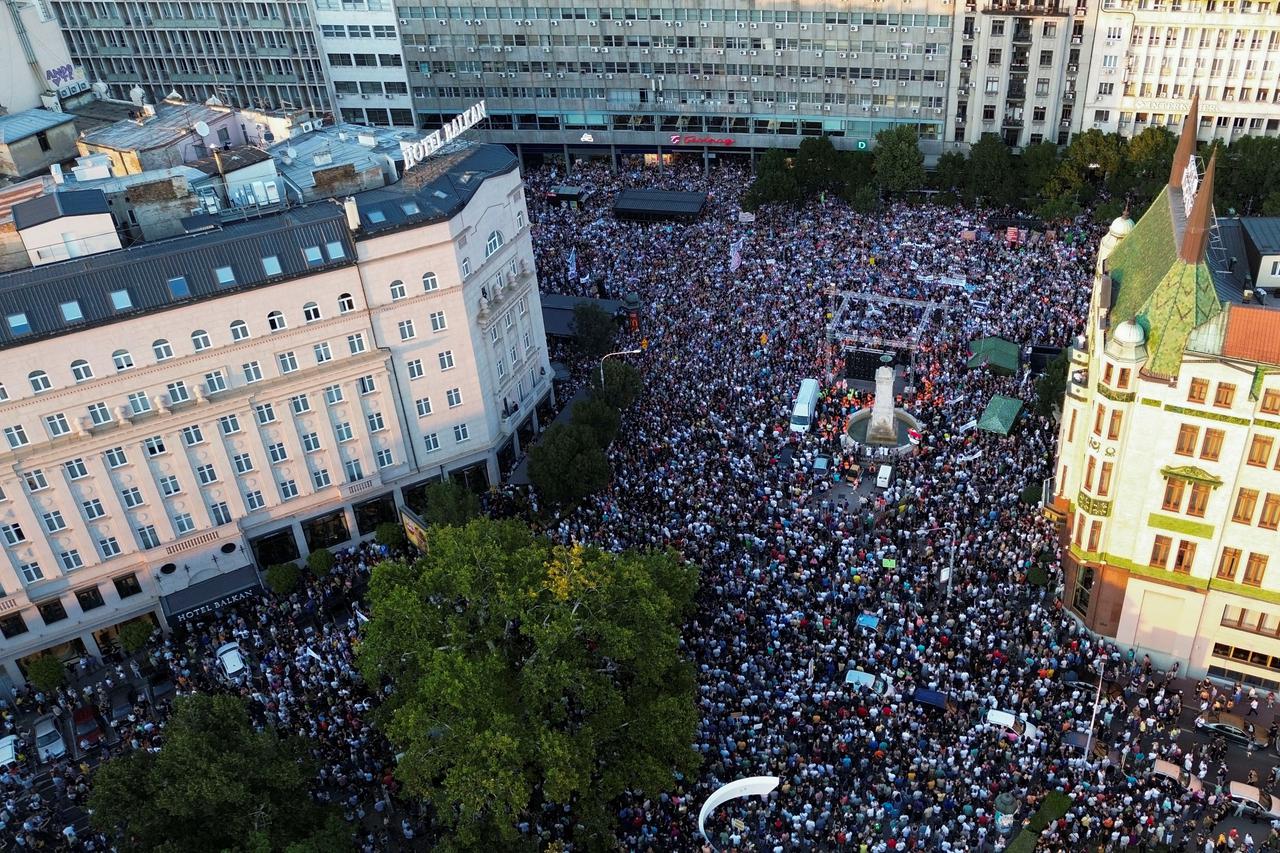 People attend a protest against Rio Tinto's lithium mining project, in Belgrade