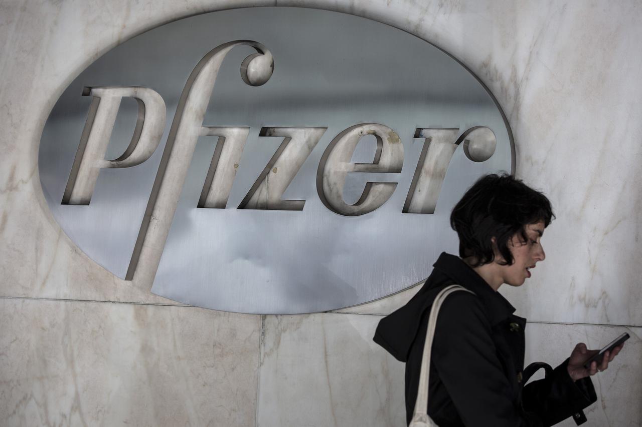 FILE PHOTO: The Pfizer logo is pictured at their building in the Manhattan borough of New York