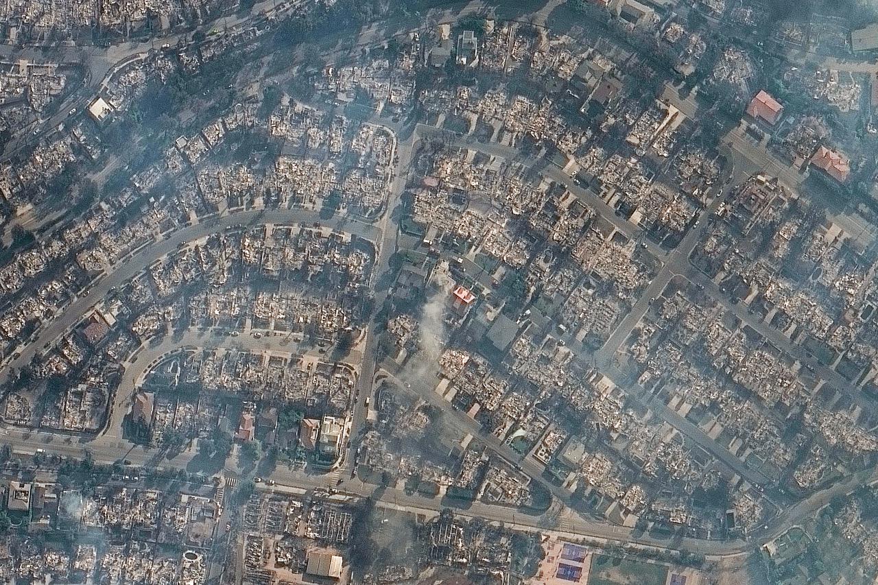 A satellite image shows houses in Pacific Palisades in the aftermath of a wildfire