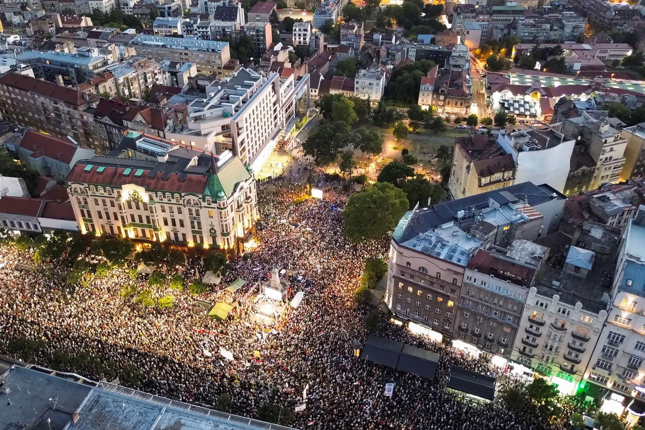 People attend a protest against Rio Tinto's lithium mining project, in Belgrade