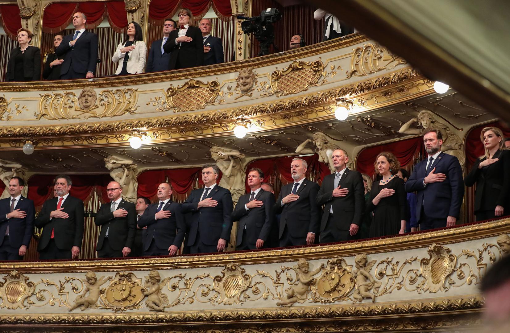 30.5.2023., Zagreb,HNK - Sredisnja svecanost proslave Dana drzavnosti i 10. godisnjice hrvatskog clanstva u Europskoj uniji obiljezilo se svecanim koncertom u Hrvatskom narodnom kazalistu. Uoci pocetka koncerta premijer Plenkovic prigodno se obratio okupljenima.  Photo: Jurica Galoic/PIXSELL